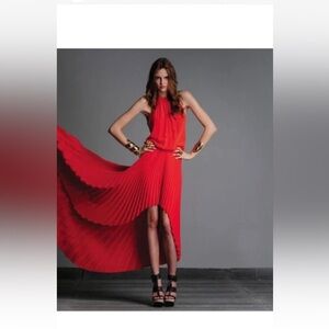Red Pleated High-Low Halter Dress